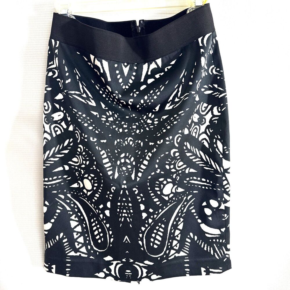 Express Pencil Skirt Black White Paisley Stretch Back Zip Lined Knee Length - 4